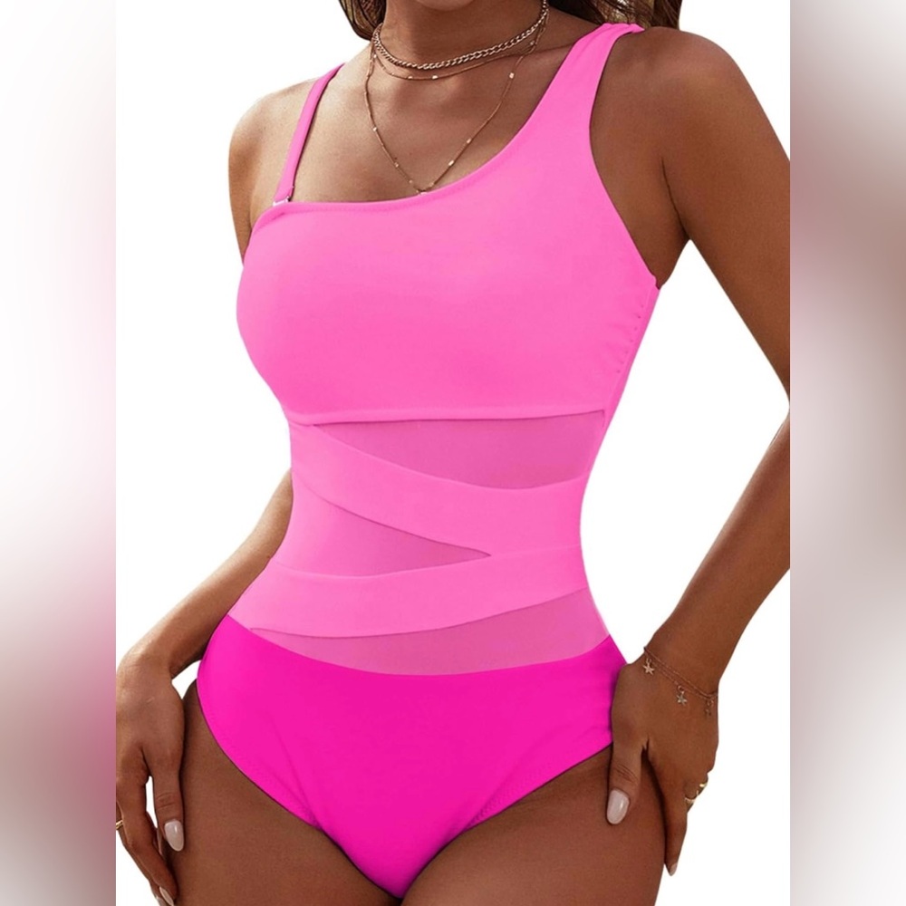 NWT Blooming Jelly Hot Pink Sexy One Shoulder Slimming Mesh Swimsuit Women’s L